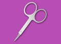 Metal scissors on a lilac background, the scissors are silver and it is a flat design