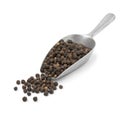 Metal scoop with dried black pepper seeds on white background Royalty Free Stock Photo