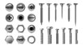 Metal Set Vector. Stainless Bolt. Hardware Repair Tools. Head Icons. Nails, Rivets, Nuts. Realistic Isolated