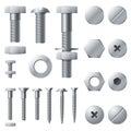 Metal screws. Bolt nut rivet head steel construction elements. Realistic bolts isolated vector set Royalty Free Stock Photo