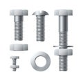 Metal screws. Stainless realistic bolts with tightened nuts, iron threaded nails with polygonal and round heads. Silver