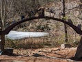 Metal sculpture arch near frozen pond