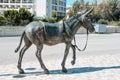Metal sculpture of a donkey with a saddle on a city street. Decoration of urban space