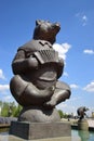 Metal sculpture featuring a circus bear playing accordion, in Astana