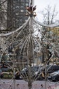 Metal sculpture / public art: Close up detail of a wrought iron sculpted gate. 1