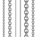 Metal seamless chain collections. Iron steel or silver chains set. Vector illustration metallic border on white