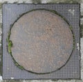 Metal sewer cover. Superb grass plants and moss grown between cement and iron. Royalty Free Stock Photo