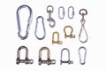 Metal shackles and slings used on a sailboat. Accessories for joining ropes in sailing Royalty Free Stock Photo