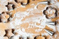 Metal shaped cookie cutters on a floured wooden table. The view from the top Royalty Free Stock Photo