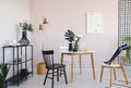 Shelf with plates and glasses in trendy dining room interior with round table with flowers in vase and black leaf in jug