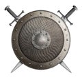 Metal shield covered by scales with crossed swords isolated 3d illustration Royalty Free Stock Photo