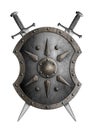 Metal shield with crossed swords isolated 3d illustration