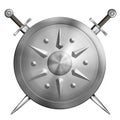 Metal round shield with crossed swords isolated 3d illustration