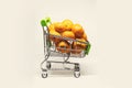 Metal shopping basket filled with clementines on white background
