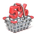 Metal shopping basket 5 PERCENT sign 3D