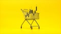 Metal Shopping Cart with Market Crypto Candles inside on a Yellow Studio Background.