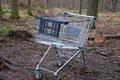 Metal shopping cart stands forgotten in the woods. the customer bought, drove to the spruce forest park. Buy a piece of forest, na Royalty Free Stock Photo