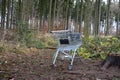 Metal shopping cart stands forgotten in the woods. the customer bought, drove to the spruce forest park. Buy a piece of forest, na Royalty Free Stock Photo