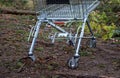 Metal shopping cart stands forgotten in the woods. the customer bought, drove to the spruce forest park. Buy a piece of forest, na Royalty Free Stock Photo