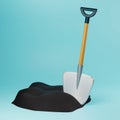 A metal shovel with a wooden handle and a pile of earth. 3d render