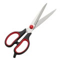Open Pair of Black and Red Handled Scissors with Silver Blades on White Background Royalty Free Stock Photo
