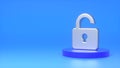 Metal sign of an open lock on a dark blue podium on a blue background. The concept of protection, information, data. 3d rendering Royalty Free Stock Photo