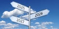 2025, 2026, 2027 - metal signpost with three arrows