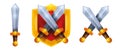 Game shield UI icon set, vector crossed iron medieval swords logo, warrior coat of arms on white.