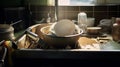 Metal sink full of dirty dishes, crockery, tableware. Generative AI Royalty Free Stock Photo