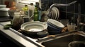 Metal sink full of dirty dishes, crockery, tableware. Generative AI Royalty Free Stock Photo