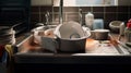 Metal sink full of dirty dishes, crockery, tableware. Generative AI Royalty Free Stock Photo