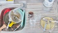 Metal sink full of dirty dishes, crockery, tableware Royalty Free Stock Photo