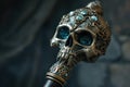 a metal skull with blue eyes on a wooden handle