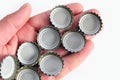 Metal soda bottle caps, soda caps, close-up on white background