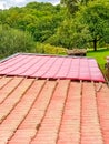 Metal spanish tile roof system. Corrugated metal sheet made of painted steel Royalty Free Stock Photo