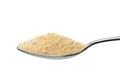 Metal spoon with with breadcrumb close up on white background Royalty Free Stock Photo