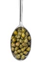 Metal spoon with marinated capers close up on white background Royalty Free Stock Photo
