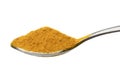 Metal spoon with Turmeric, Curcuma longa ground powder close up on white background