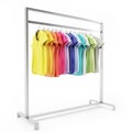 Metal stand with blank colorful t-shirts hanging, isolated on white background