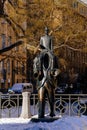 Metal Statue of Franz Kafka from sculptor Jaroslav Rona, Monument to the writer near Spanish Synagogue in Jewish quarter, sunny Royalty Free Stock Photo