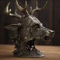 a metal statue of a horned animal