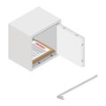 Metal steel money bank safe with top secret document and crowbar vector icon isometric view
