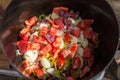 Metal stock pot with soup ingredients vegetables and meat Royalty Free Stock Photo