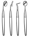 Metal dentist tools set in black lines on white background