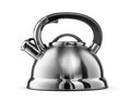 Metal stovetop kettle with whistle, side view . Kitchen utensil isolated on white Royalty Free Stock Photo