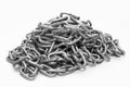 Metal strong chain lying on a white background. Steel links