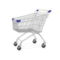 Metal supermarket cart. 3d isolated pushcart silver trolly, empty shop trolley perspective side, steel store wheel