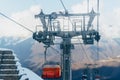 Metal support of the cable car in the mountains. Lift at the ski resort