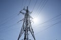 metal support of a high-voltage transmission line with strands of wires on a blue sky background Royalty Free Stock Photo