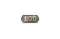 Metal tag with the number 100.